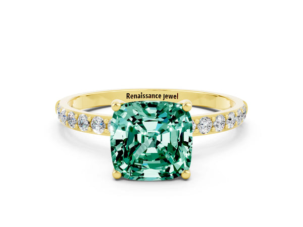 Yellow gold Cushion Cut Green Sapphire Solitaire Ring with Round Pavé Shoulders and Prong Setting
