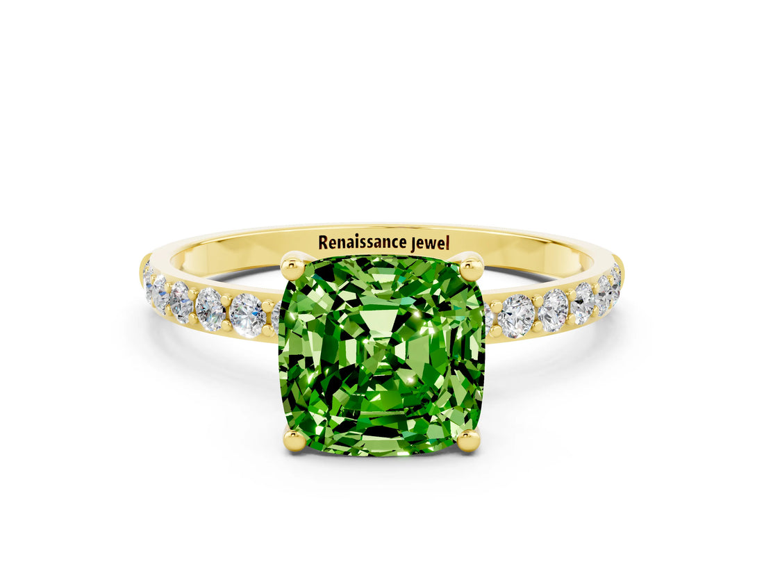 Yellow gold Cushion Cut Diamond Pavé Band with Six-Prong Setting
