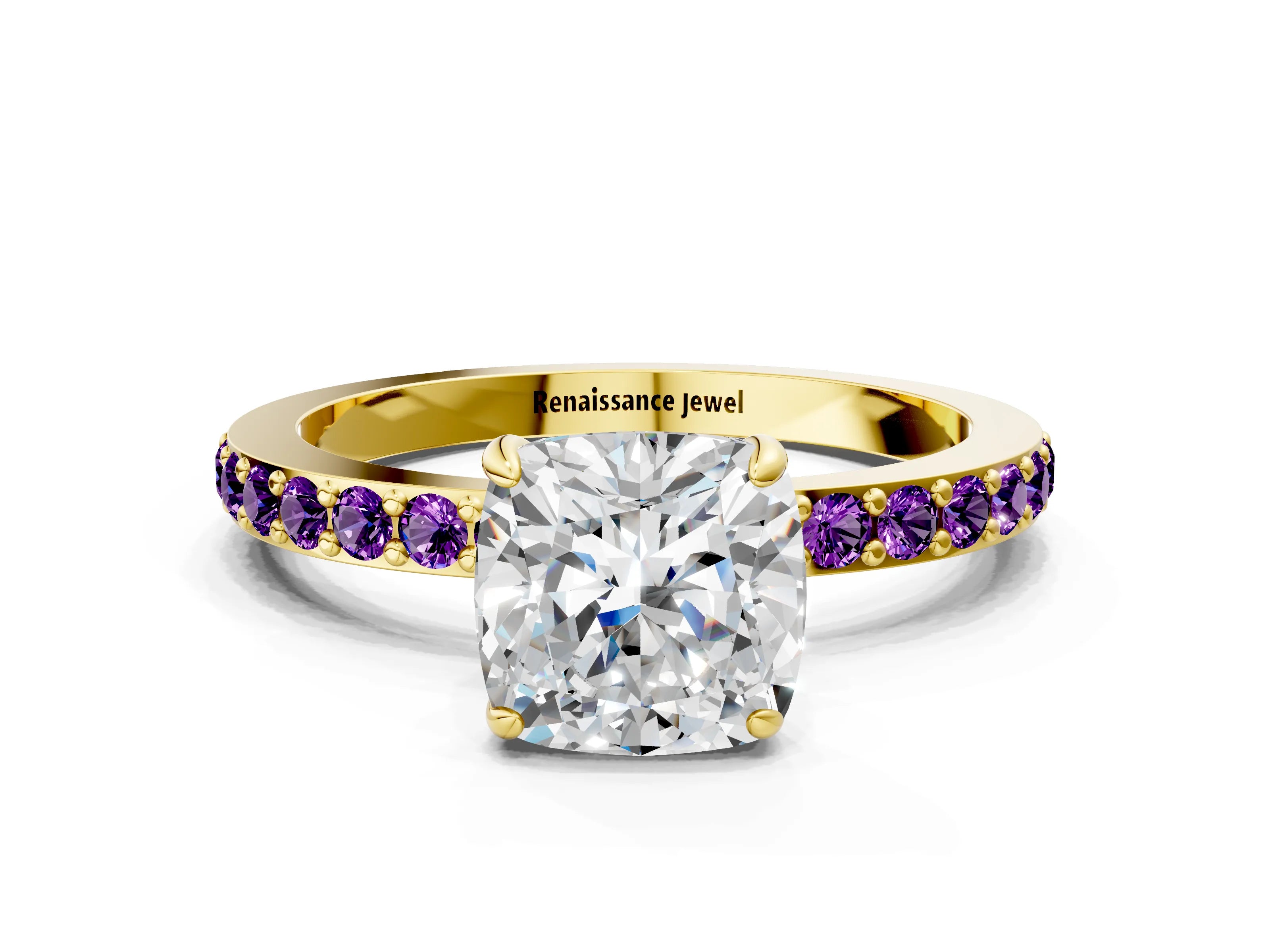 Yellow gold Cushion Cut Diamond Pavé Engagement Ring with Round with Amethyst side stone Accents and Prong Setting