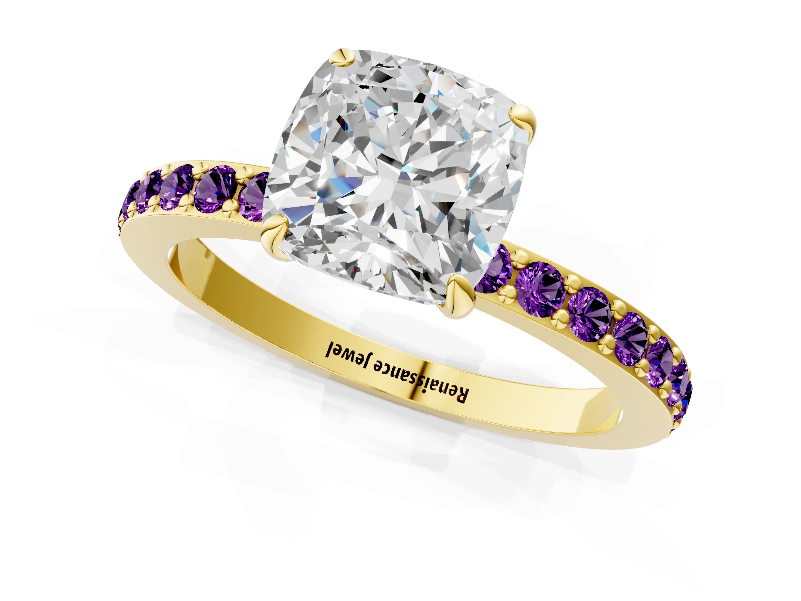 Yellow gold Cushion Cut Diamond Pavé Engagement Ring with Round with Amethyst side stone Accents and Prong Setting_1