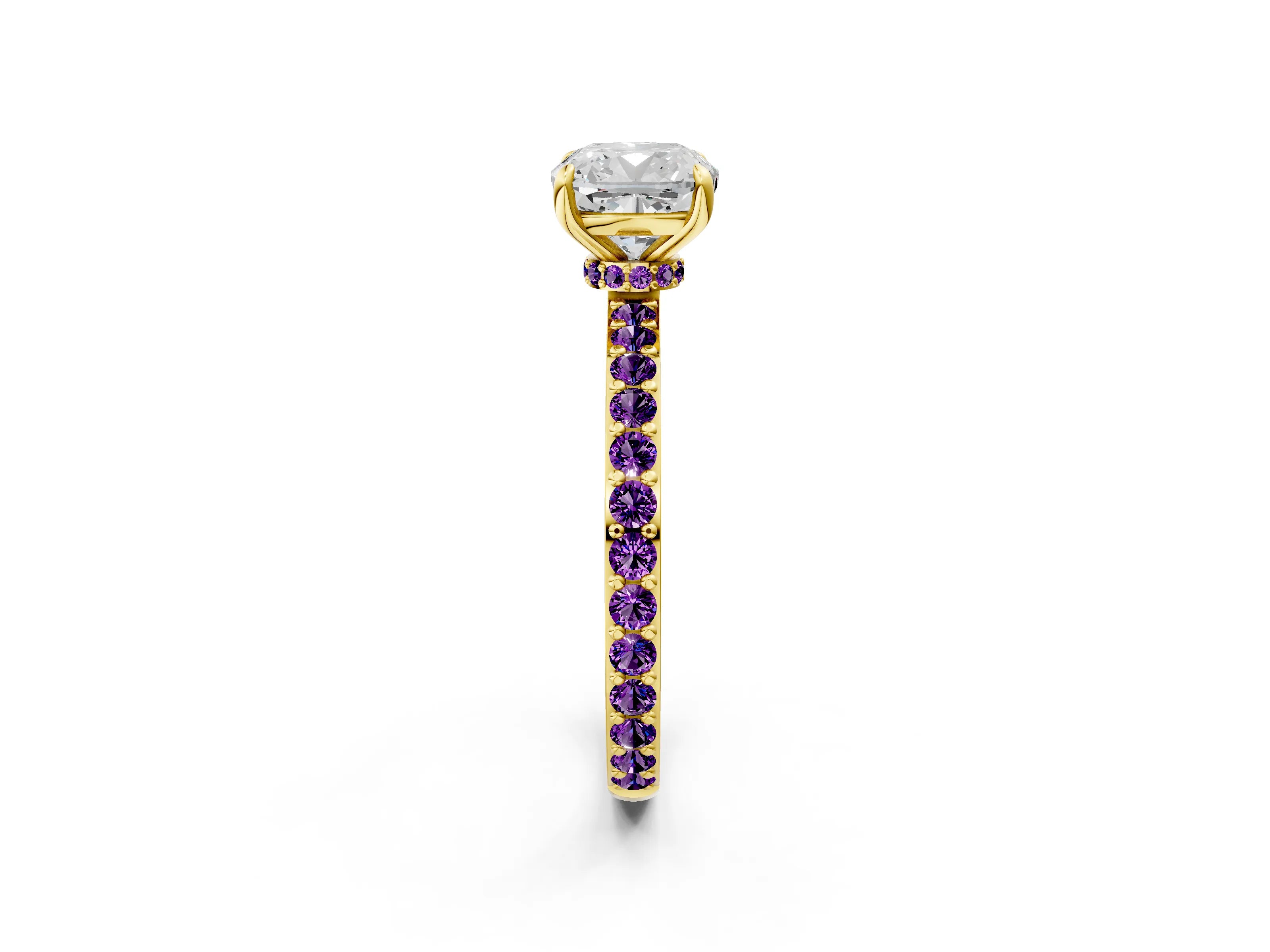 Yellow gold Cushion Cut Diamond Pavé Engagement Ring with Round with Amethyst side stone Accents and Prong Setting_2