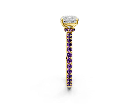 Yellow gold Cushion Cut Diamond Pavé Engagement Ring with Round with Amethyst side stone Accents and Prong Setting_2