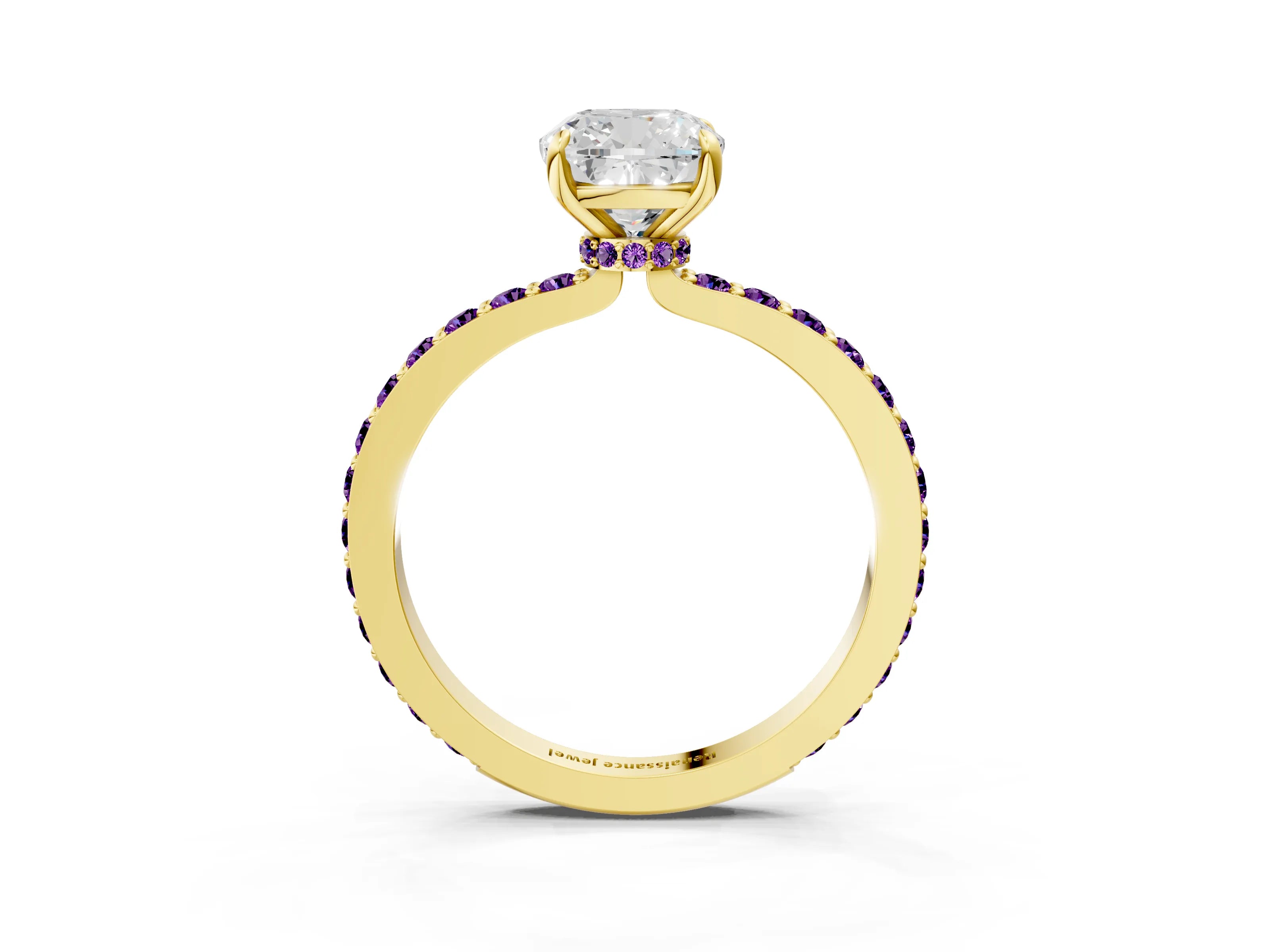 Yellow gold Cushion Cut Diamond Pavé Engagement Ring with Round with Amethyst side stone Accents and Prong Setting_3