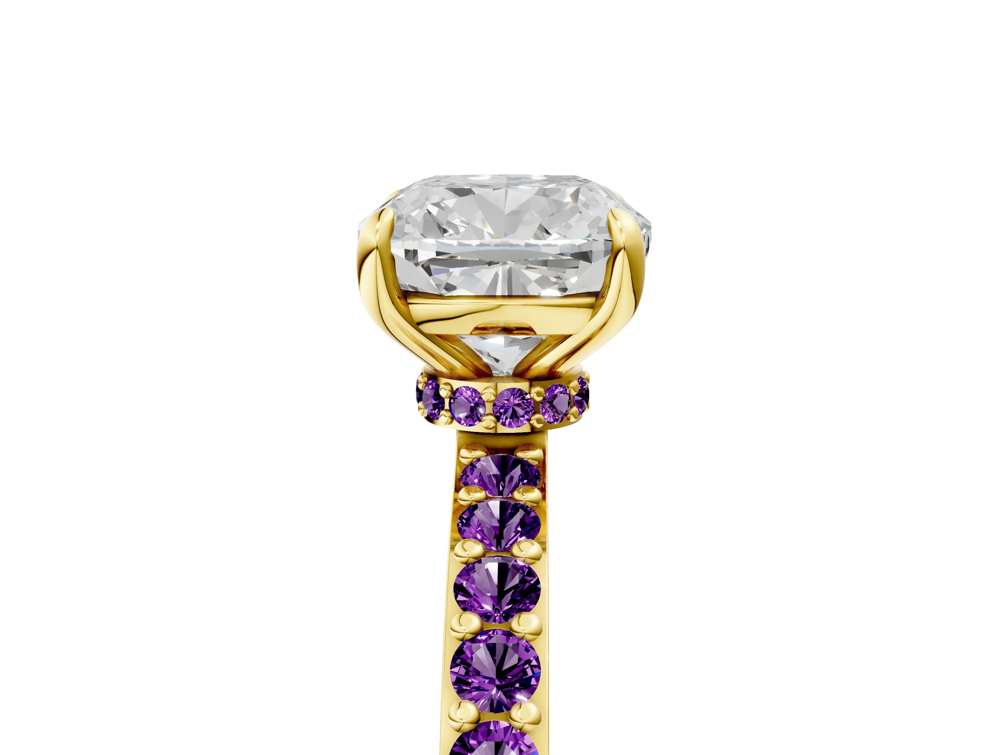 Yellow gold Cushion Cut Diamond Pavé Engagement Ring with Round with Amethyst side stone Accents and Prong Setting_5