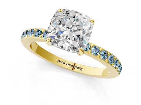 Yellow gold Cushion Cut Diamond Pavé Engagement Ring with Round with Aquamarine side stone Accents and Prong Setting_1