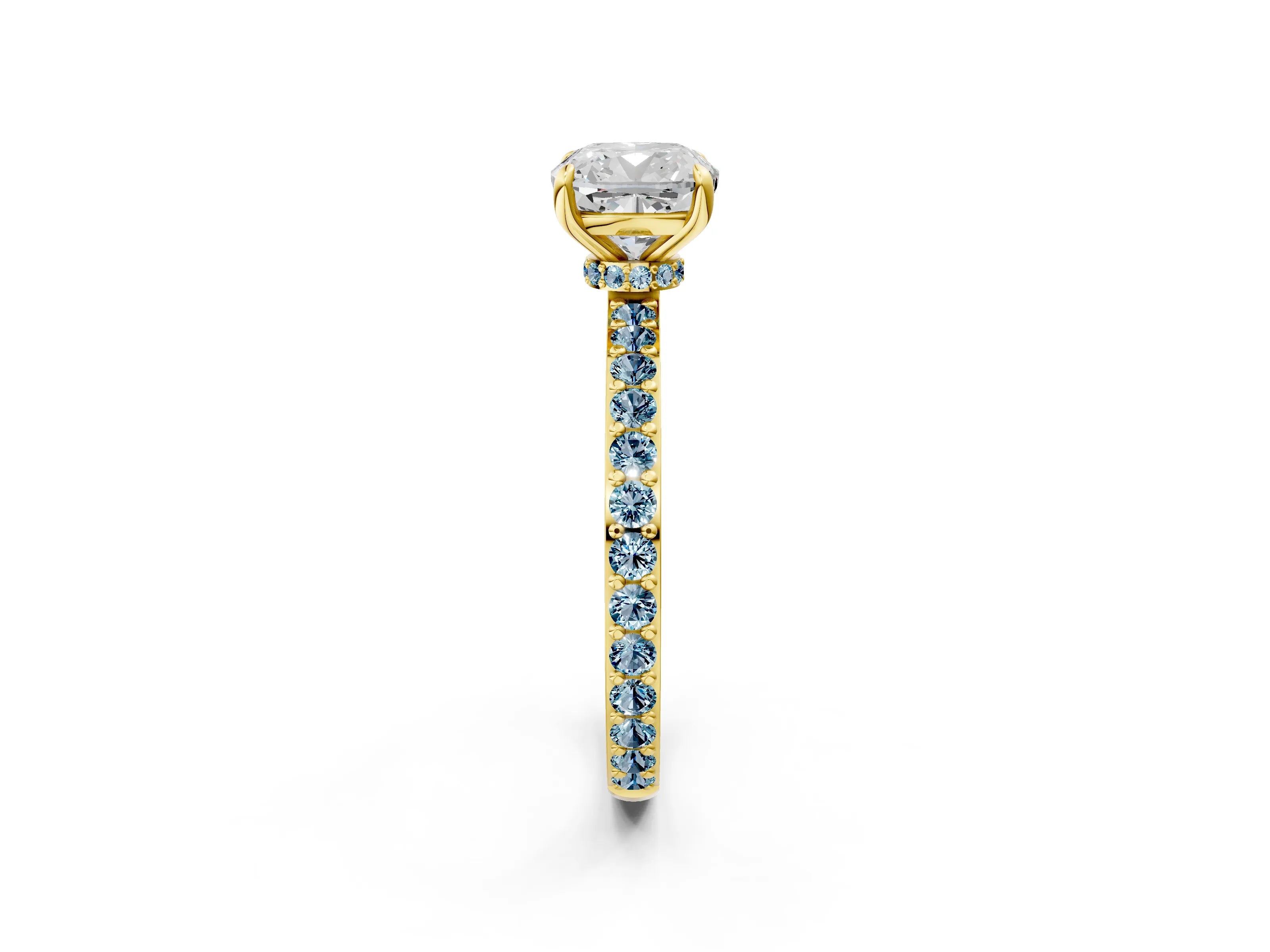 Yellow gold Cushion Cut Diamond Pavé Engagement Ring with Round with Aquamarine side stone Accents and Prong Setting_2