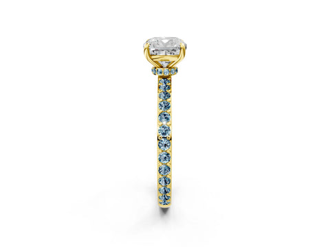 Yellow gold Cushion Cut Diamond Pavé Engagement Ring with Round with Aquamarine side stone Accents and Prong Setting_2