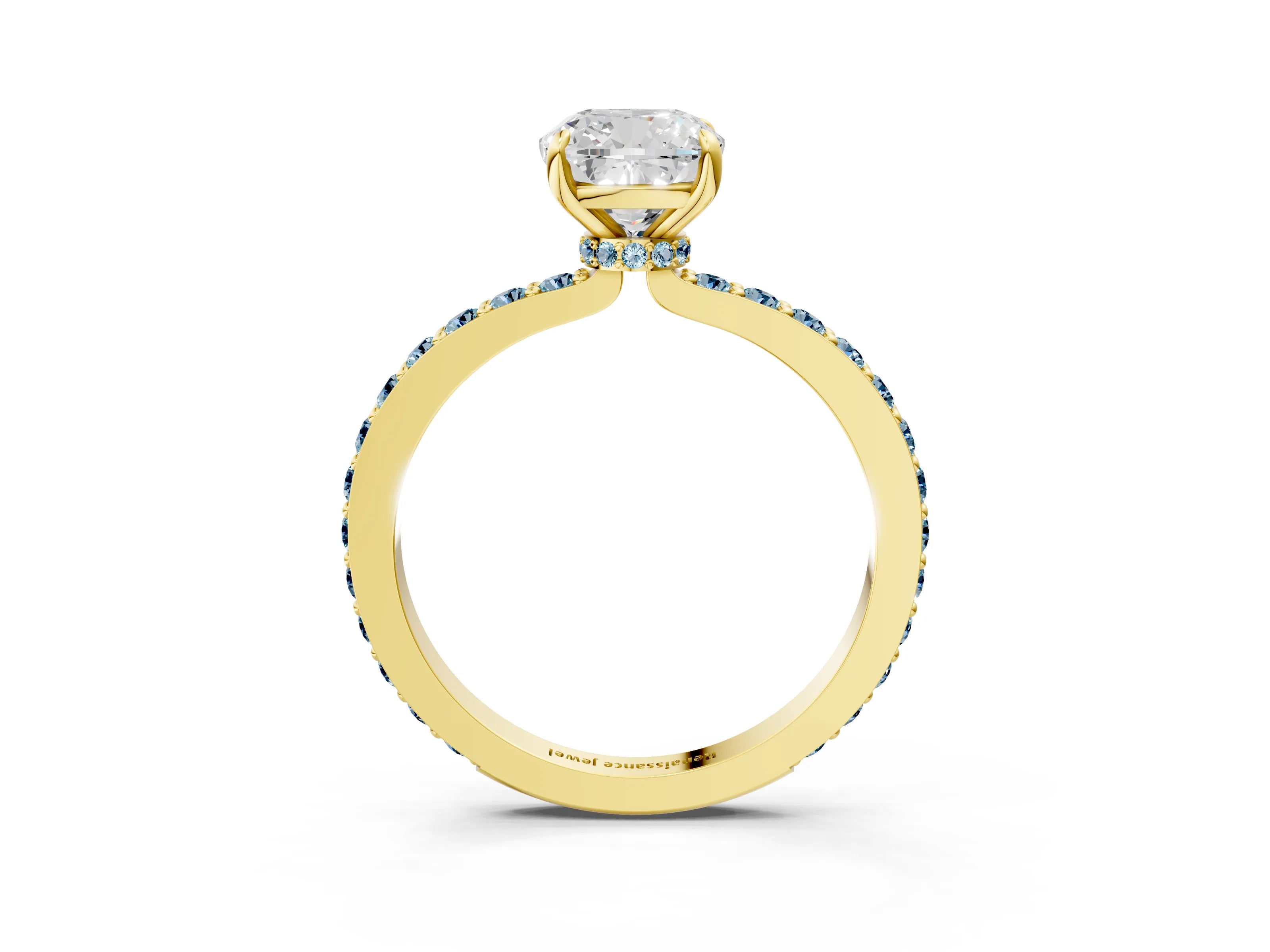 Yellow gold Cushion Cut Diamond Pavé Engagement Ring with Round with Aquamarine side stone Accents and Prong Setting_3