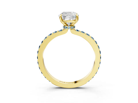 Yellow gold Cushion Cut Diamond Pavé Engagement Ring with Round with Aquamarine side stone Accents and Prong Setting_3