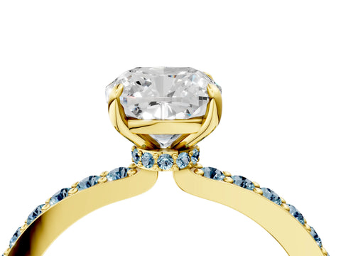 Yellow gold Cushion Cut Diamond Pavé Engagement Ring with Round with Aquamarine side stone Accents and Prong Setting_4