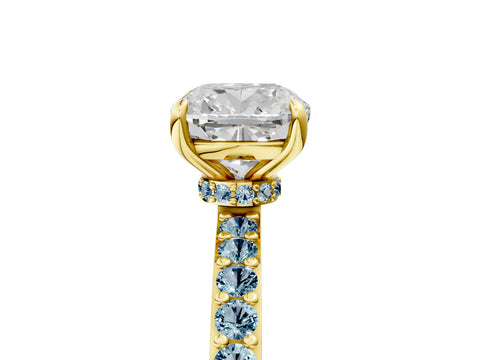 Yellow gold Cushion Cut Diamond Pavé Engagement Ring with Round with Aquamarine side stone Accents and Prong Setting_5