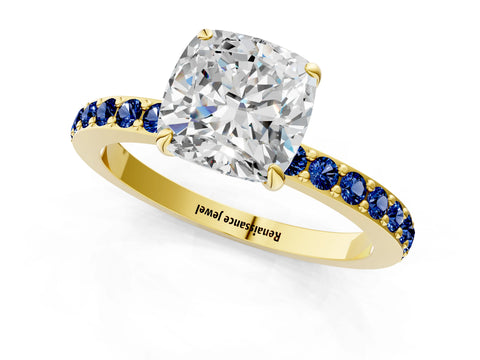 Yellow gold Cushion Cut Diamond Pavé Engagement Ring with Round with Blue Sapphire side stone Accents and Prong Setting_1