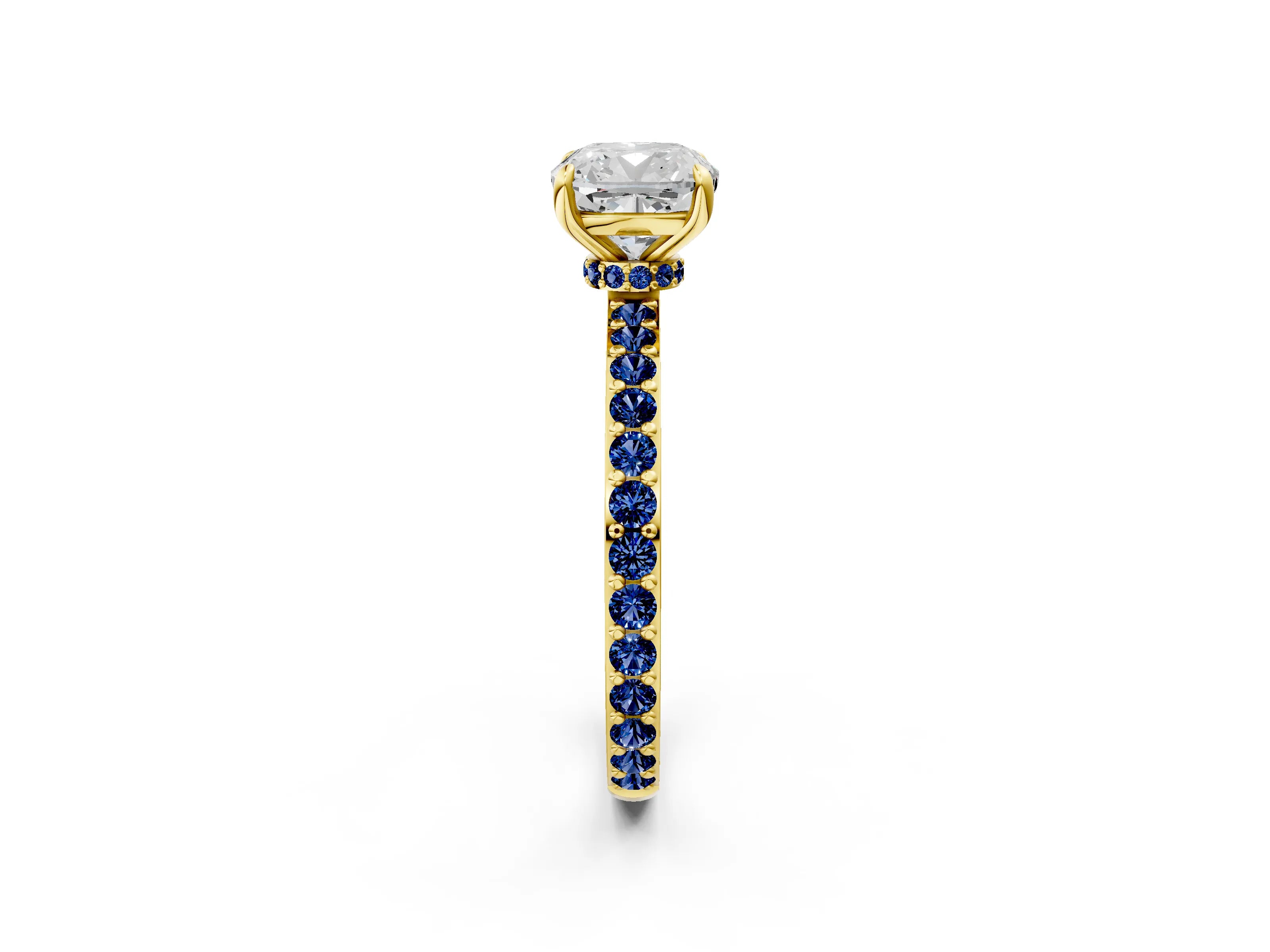 Yellow gold Cushion Cut Diamond Pavé Engagement Ring with Round with Blue Sapphire side stone Accents and Prong Setting_2