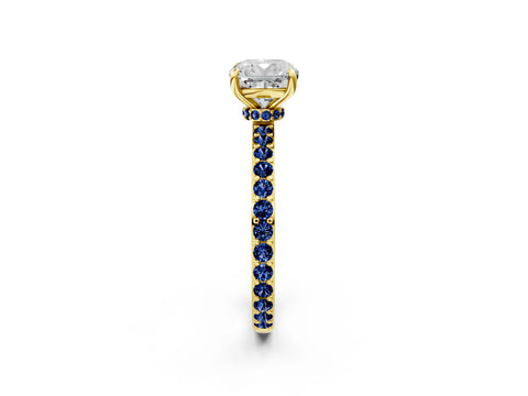 Yellow gold Cushion Cut Diamond Pavé Engagement Ring with Round with Blue Sapphire side stone Accents and Prong Setting_2