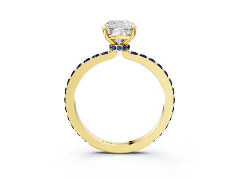 Yellow gold Cushion Cut Diamond Pavé Engagement Ring with Round with Blue Sapphire side stone Accents and Prong Setting_3