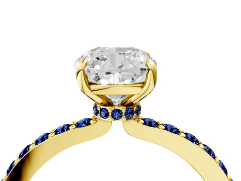 Yellow gold Cushion Cut Diamond Pavé Engagement Ring with Round with Blue Sapphire side stone Accents and Prong Setting_4