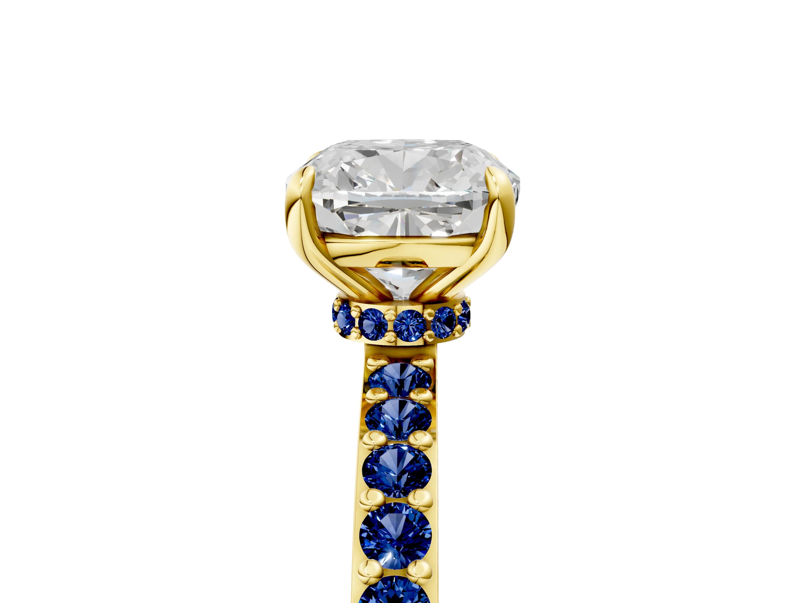Yellow gold Cushion Cut Diamond Pavé Engagement Ring with Round with Blue Sapphire side stone Accents and Prong Setting_5