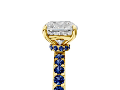 Yellow gold Cushion Cut Diamond Pavé Engagement Ring with Round with Blue Sapphire side stone Accents and Prong Setting_5