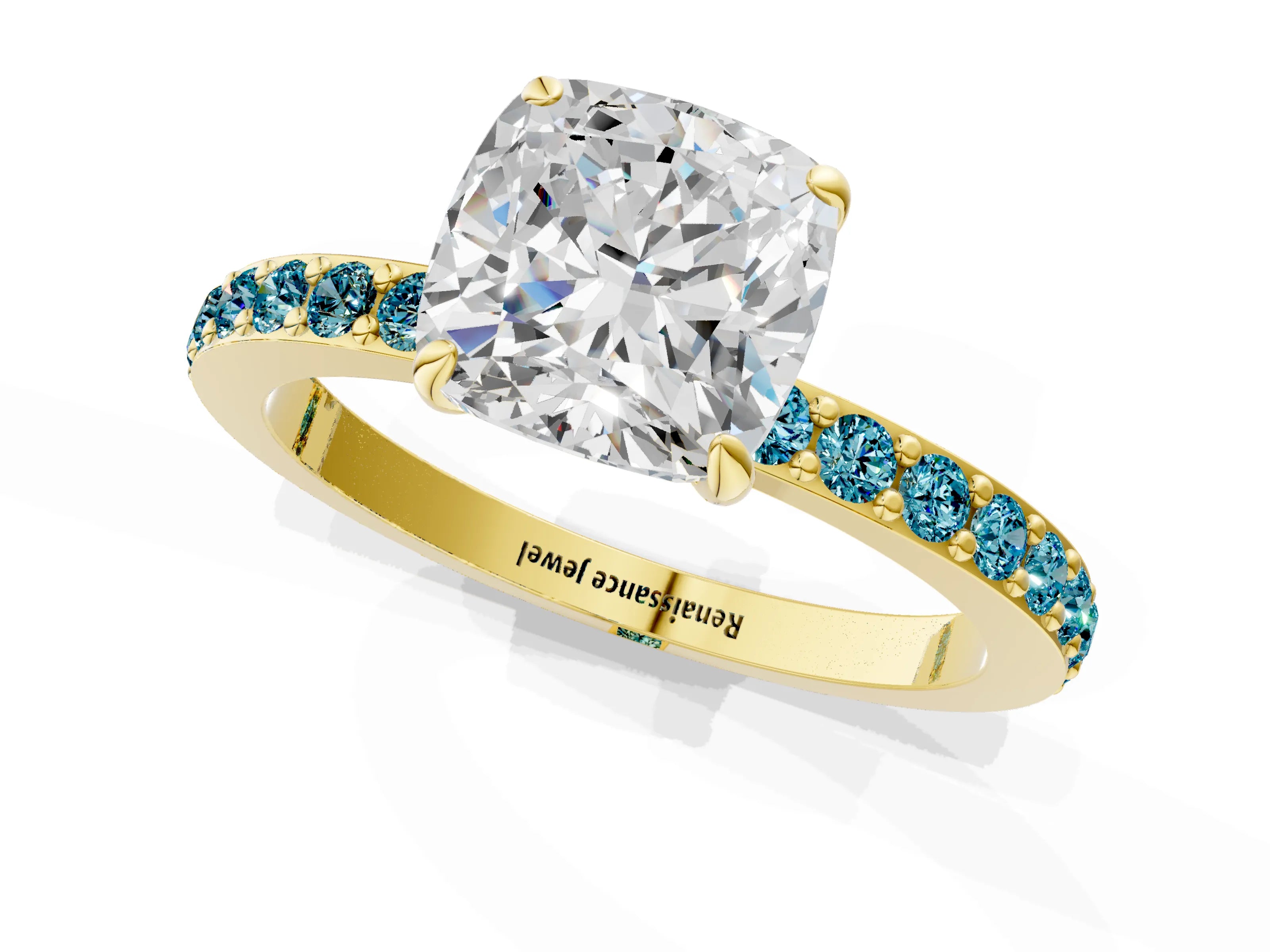 Yellow gold Cushion Cut Diamond Pavé Engagement Ring with Round with Blue Topaz side stone Accents and Prong Setting_1