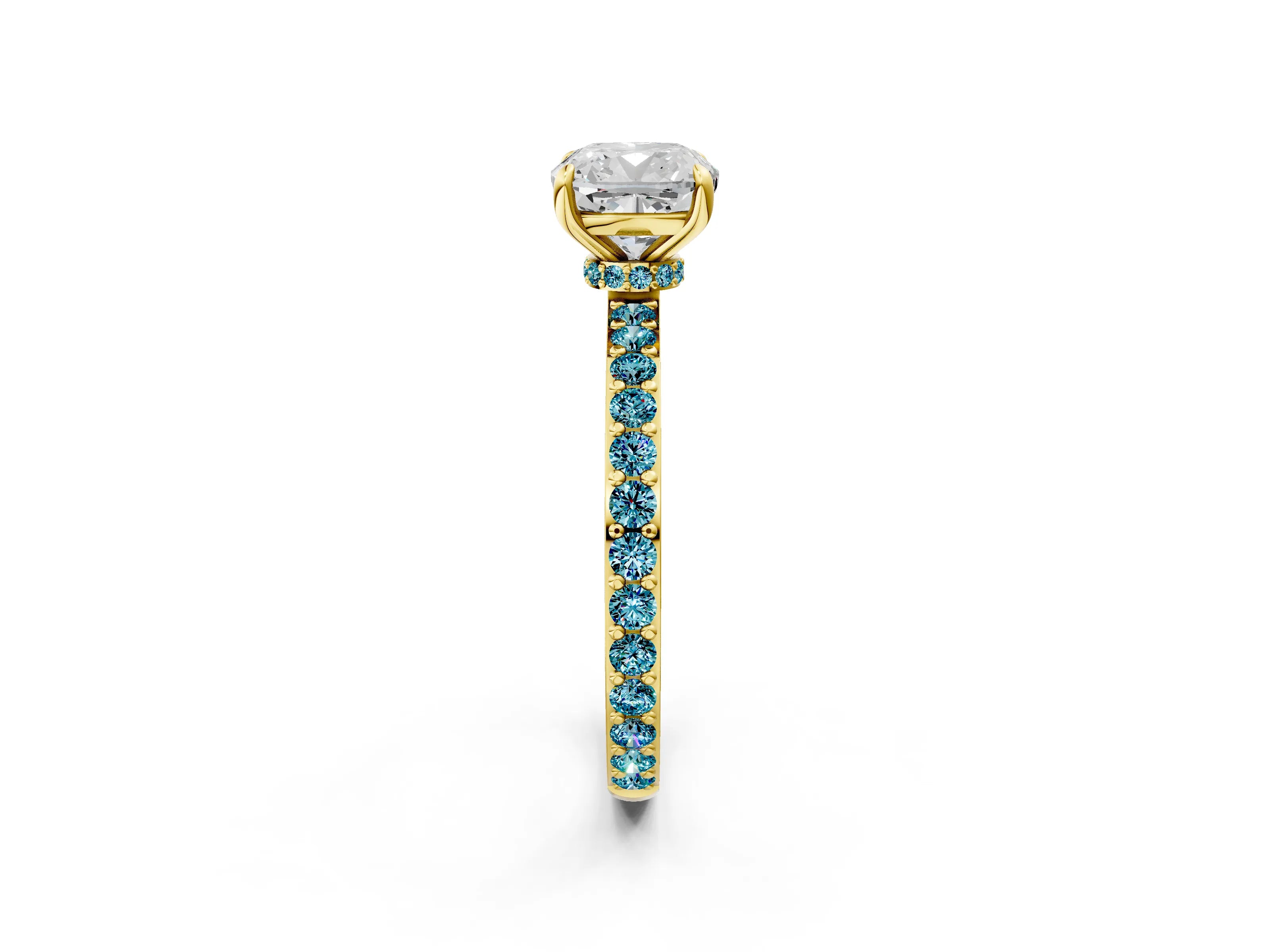 Yellow gold Cushion Cut Diamond Pavé Engagement Ring with Round with Blue Topaz side stone Accents and Prong Setting_2