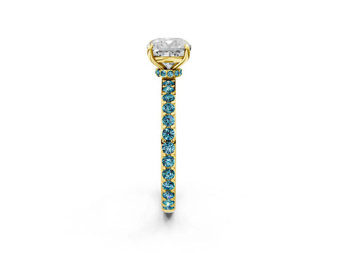 Yellow gold Cushion Cut Diamond Pavé Engagement Ring with Round with Blue Topaz side stone Accents and Prong Setting_2