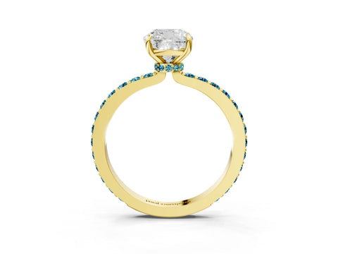 Yellow gold Cushion Cut Diamond Pavé Engagement Ring with Round with Blue Topaz side stone Accents and Prong Setting_3