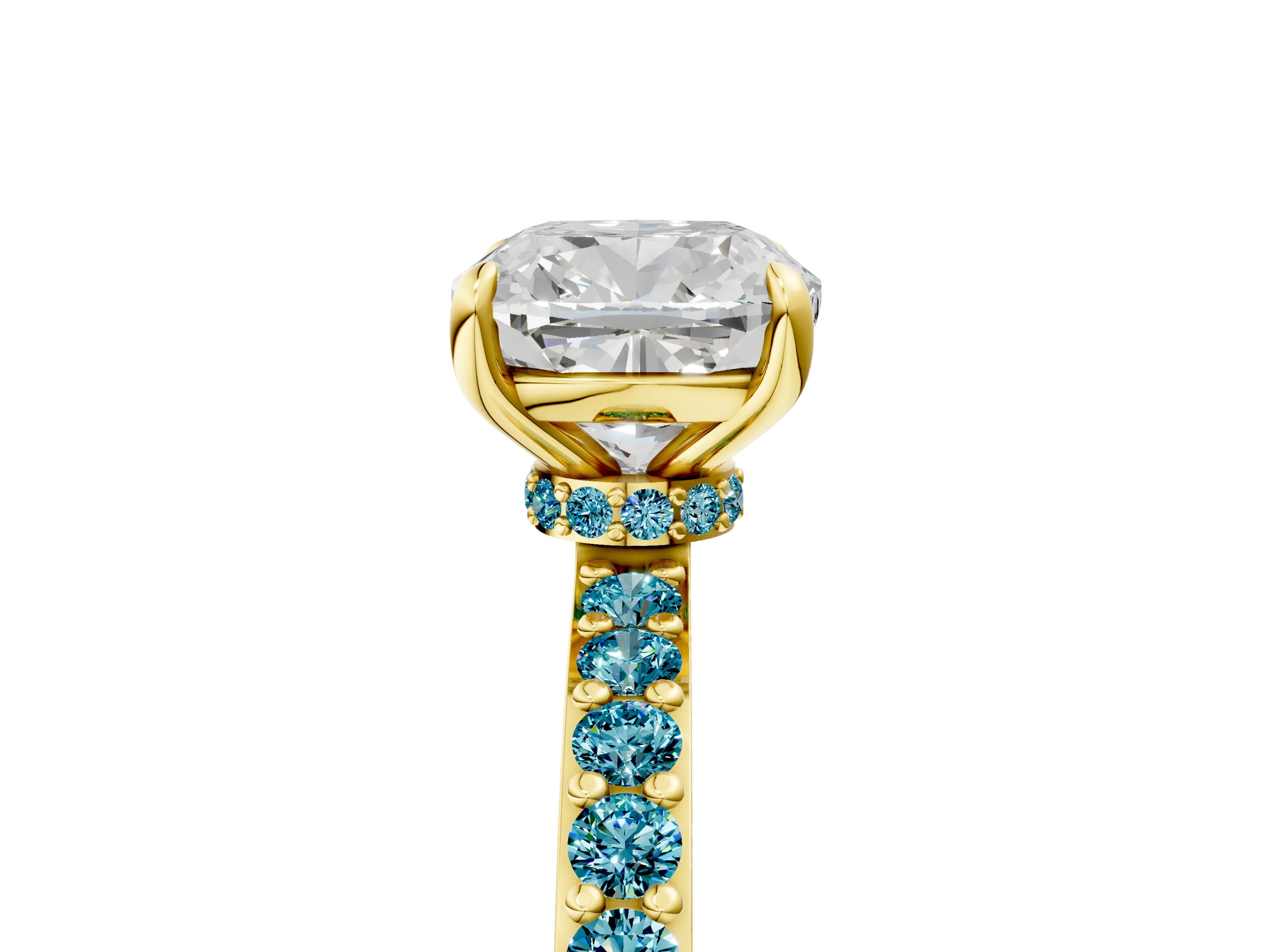 Yellow gold Cushion Cut Diamond Pavé Engagement Ring with Round with Blue Topaz side stone Accents and Prong Setting_5