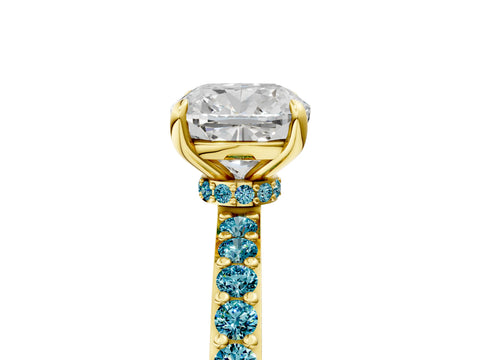 Yellow gold Cushion Cut Diamond Pavé Engagement Ring with Round with Blue Topaz side stone Accents and Prong Setting_5