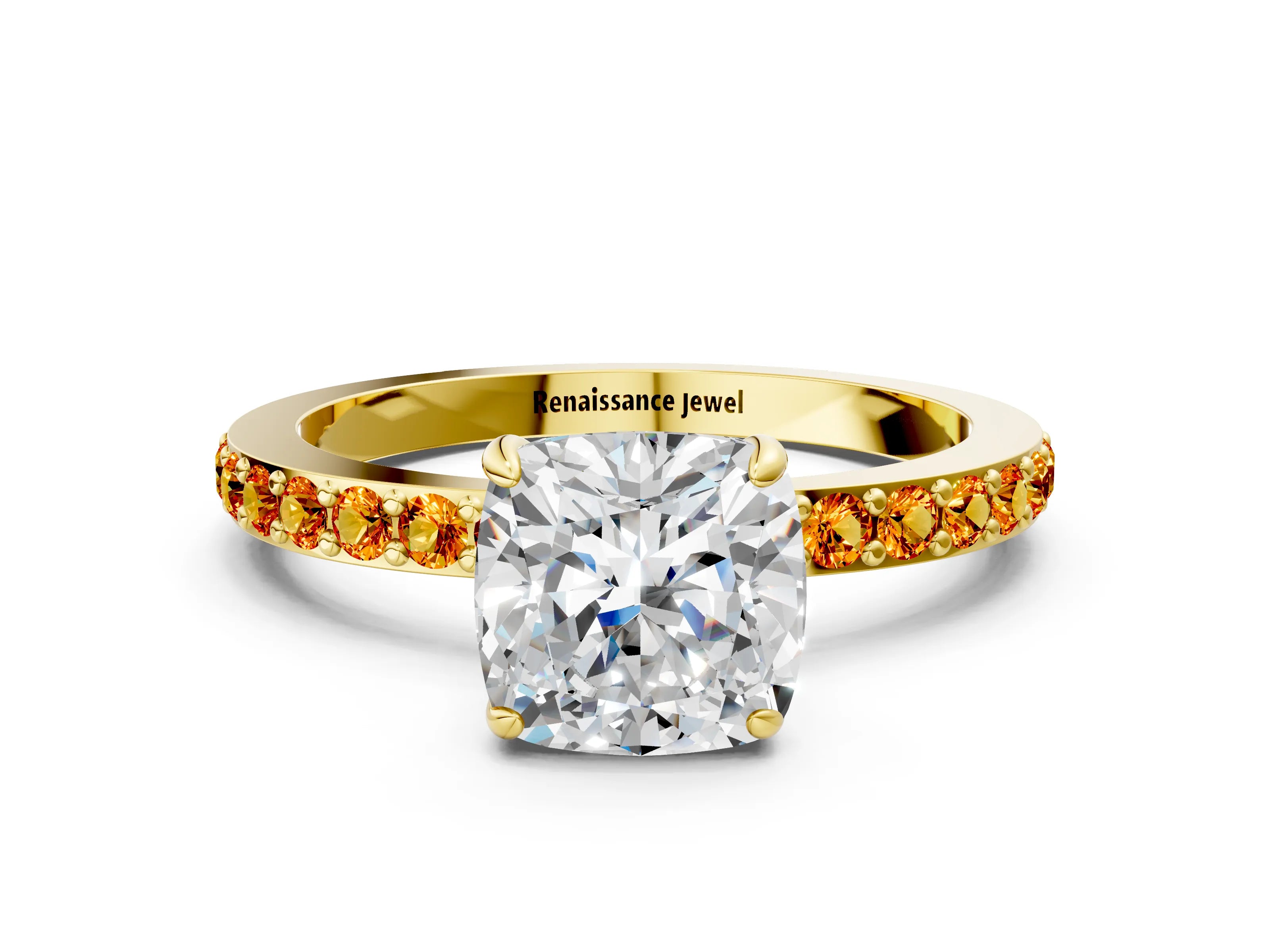 Yellow gold Cushion Cut Diamond Pavé Engagement Ring with Round with Citrine side stone Accents and Prong Setting