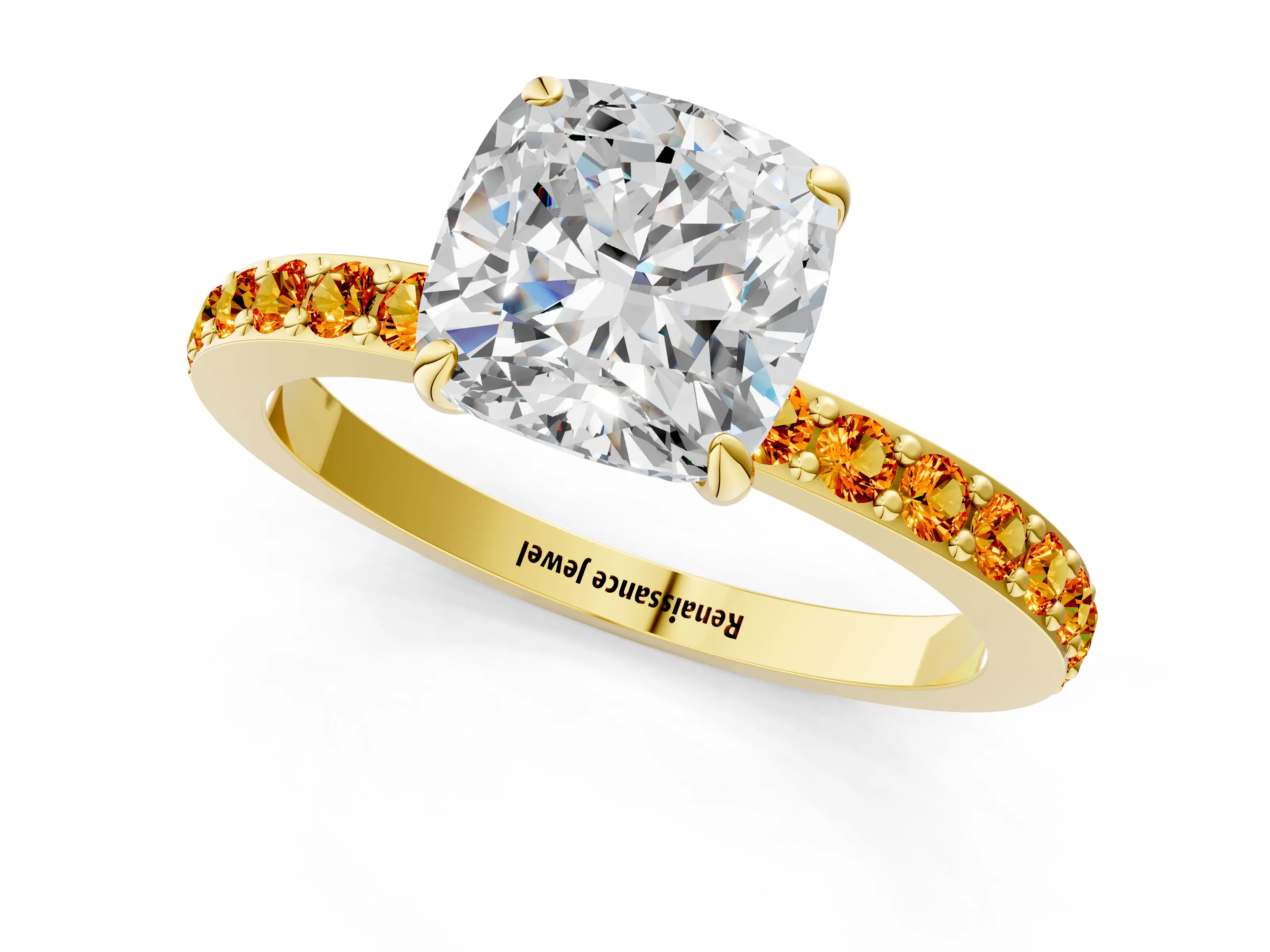 Yellow gold Cushion Cut Diamond Pavé Engagement Ring with Round with Citrine side stone Accents and Prong Setting_1