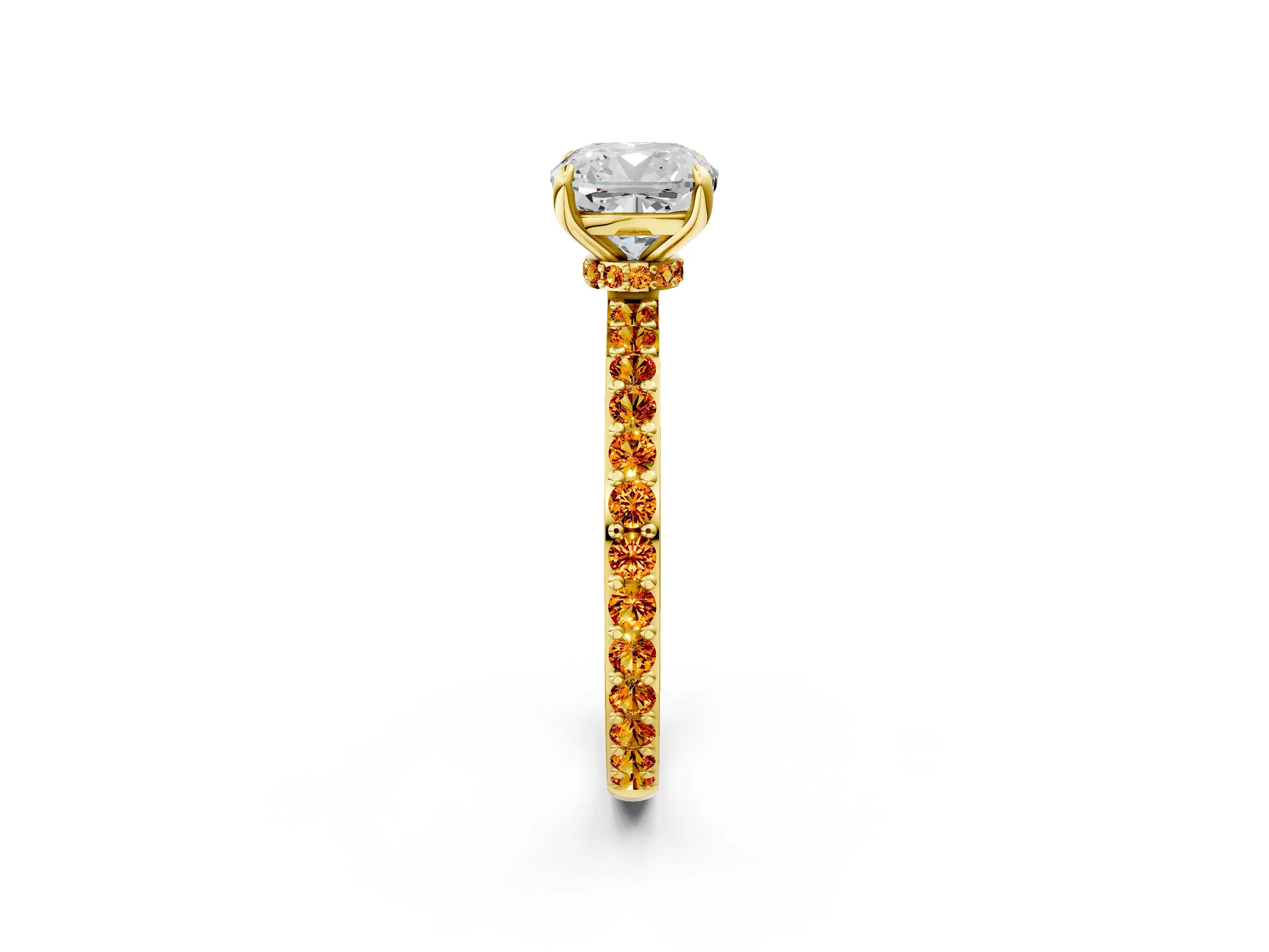 Yellow gold Cushion Cut Diamond Pavé Engagement Ring with Round with Citrine side stone Accents and Prong Setting_2