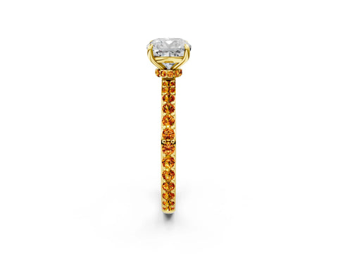 Yellow gold Cushion Cut Diamond Pavé Engagement Ring with Round with Citrine side stone Accents and Prong Setting_2