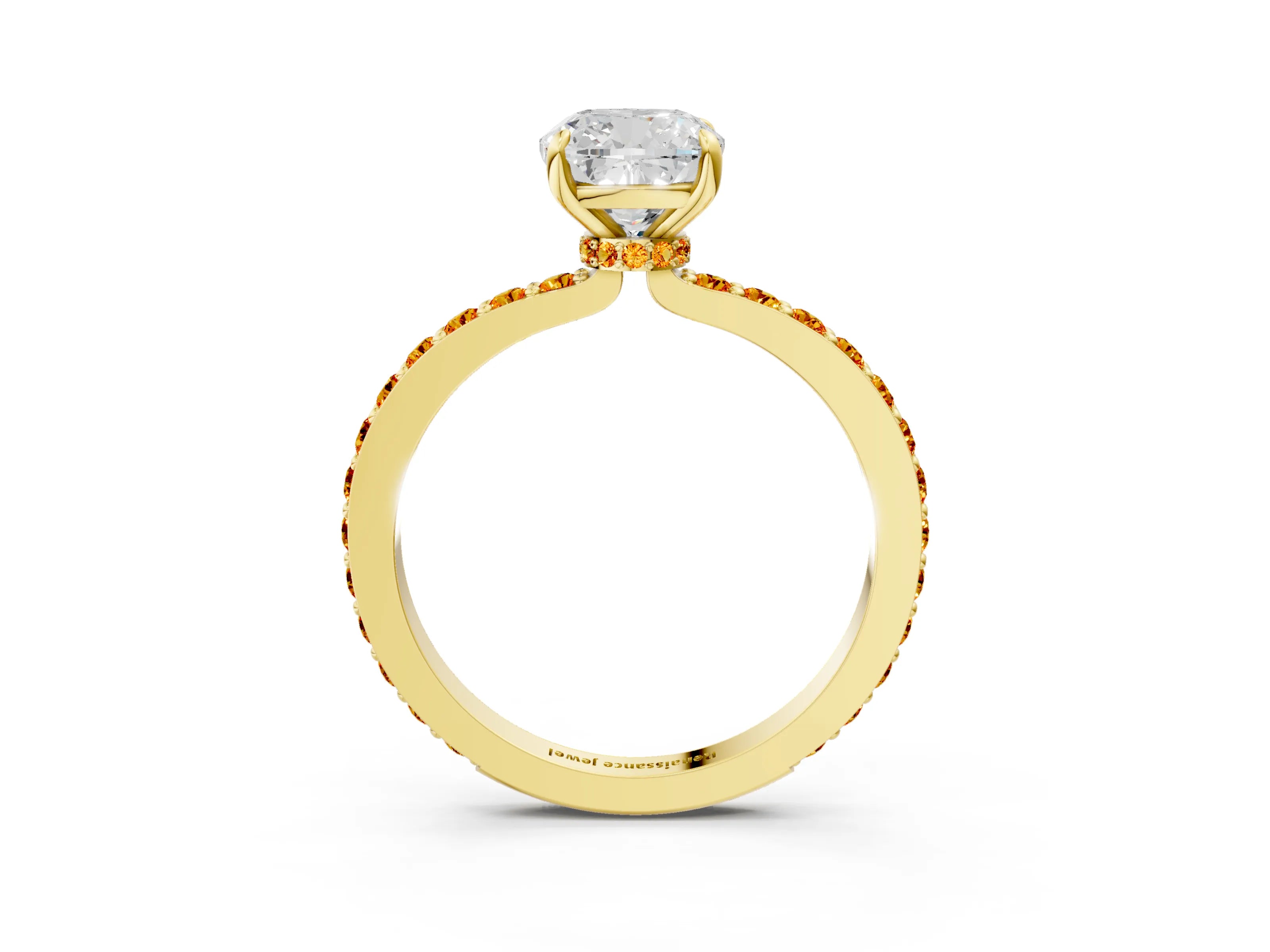 Yellow gold Cushion Cut Diamond Pavé Engagement Ring with Round with Citrine side stone Accents and Prong Setting_3