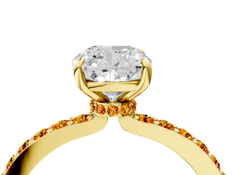 Yellow gold Cushion Cut Diamond Pavé Engagement Ring with Round with Citrine side stone Accents and Prong Setting_4