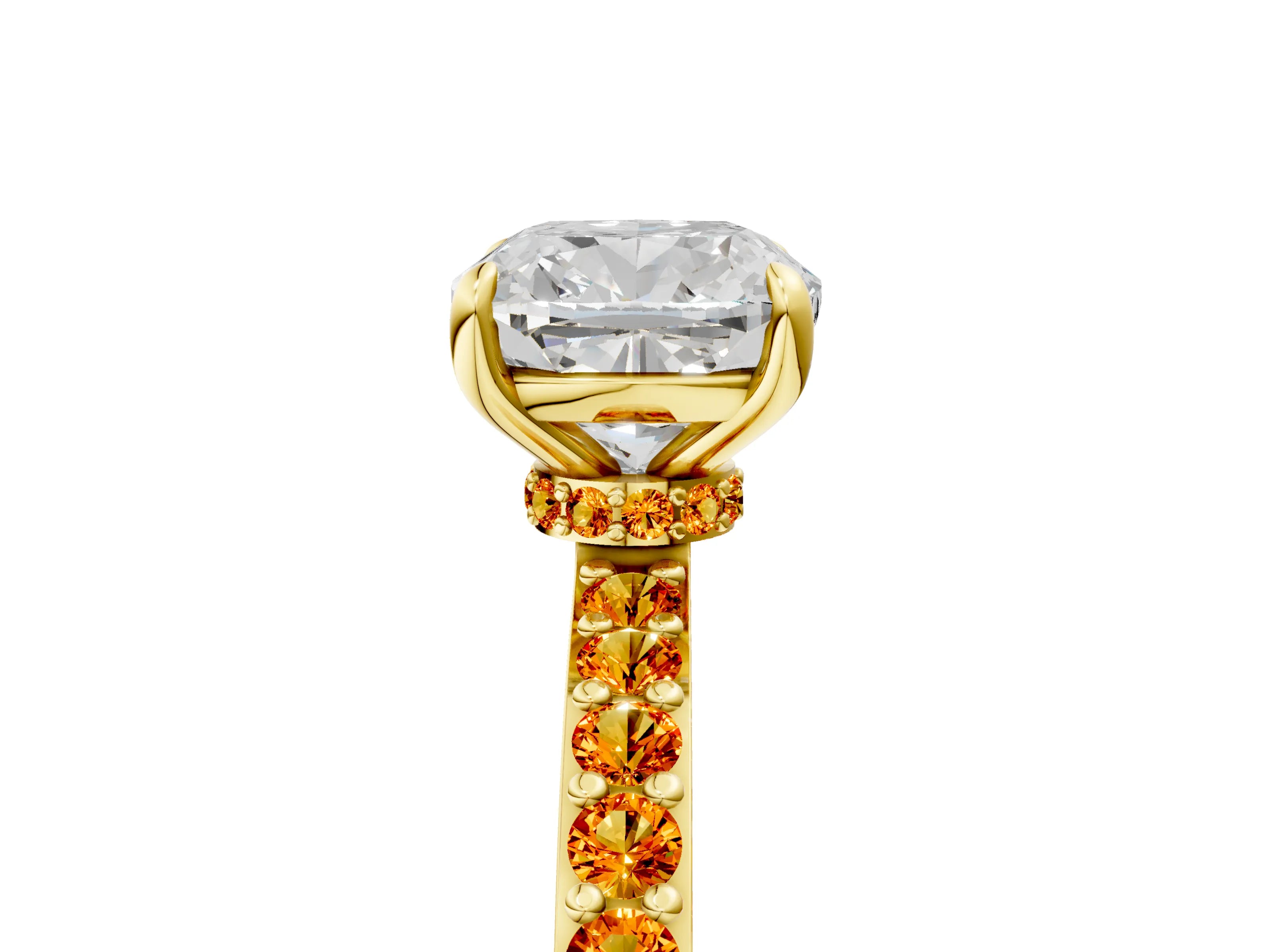 Yellow gold Cushion Cut Diamond Pavé Engagement Ring with Round with Citrine side stone Accents and Prong Setting_5