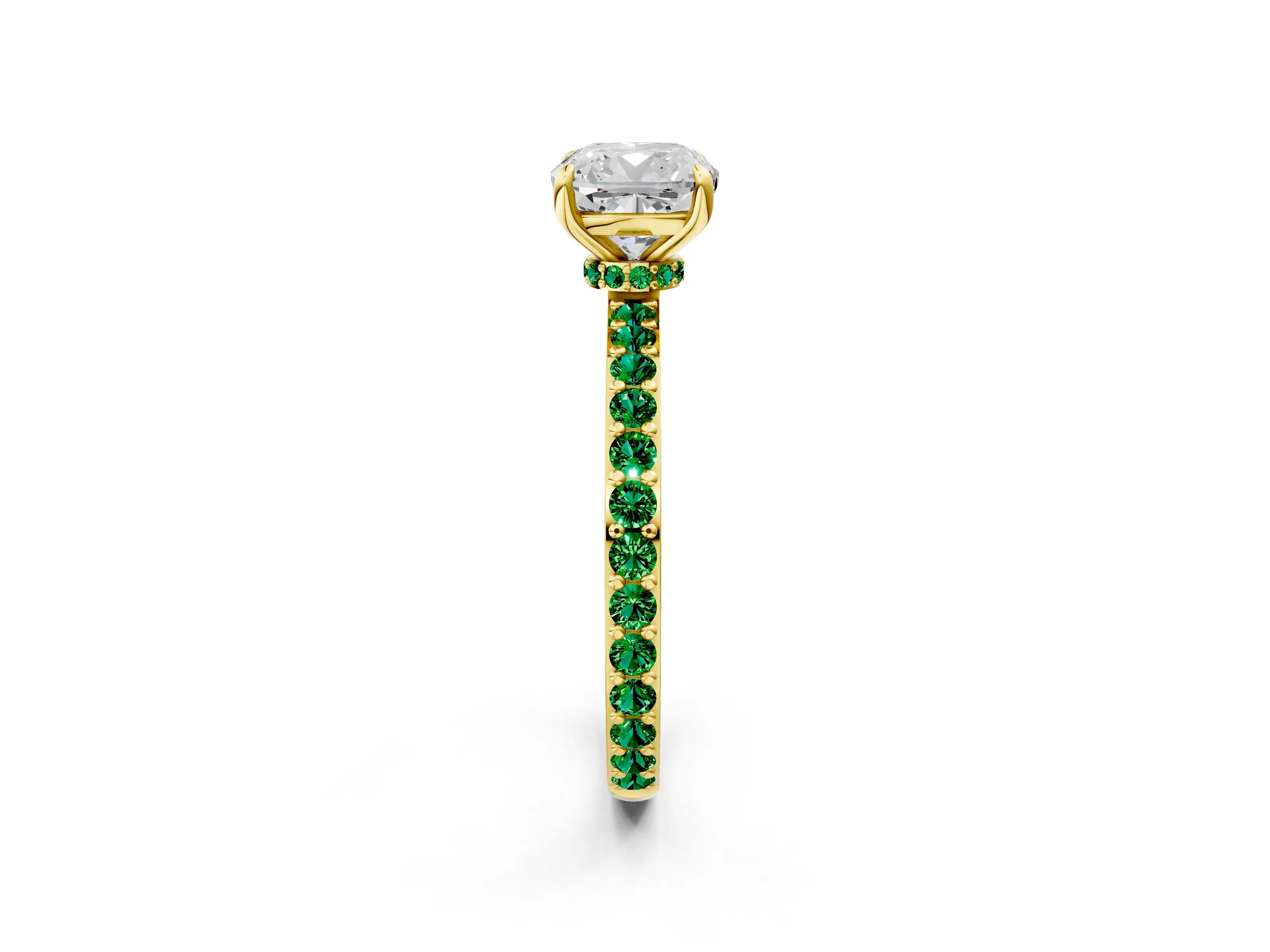 Yellow gold Cushion Cut Diamond Pavé Engagement Ring with Round with Emerald side stone Accents and Prong Setting_2