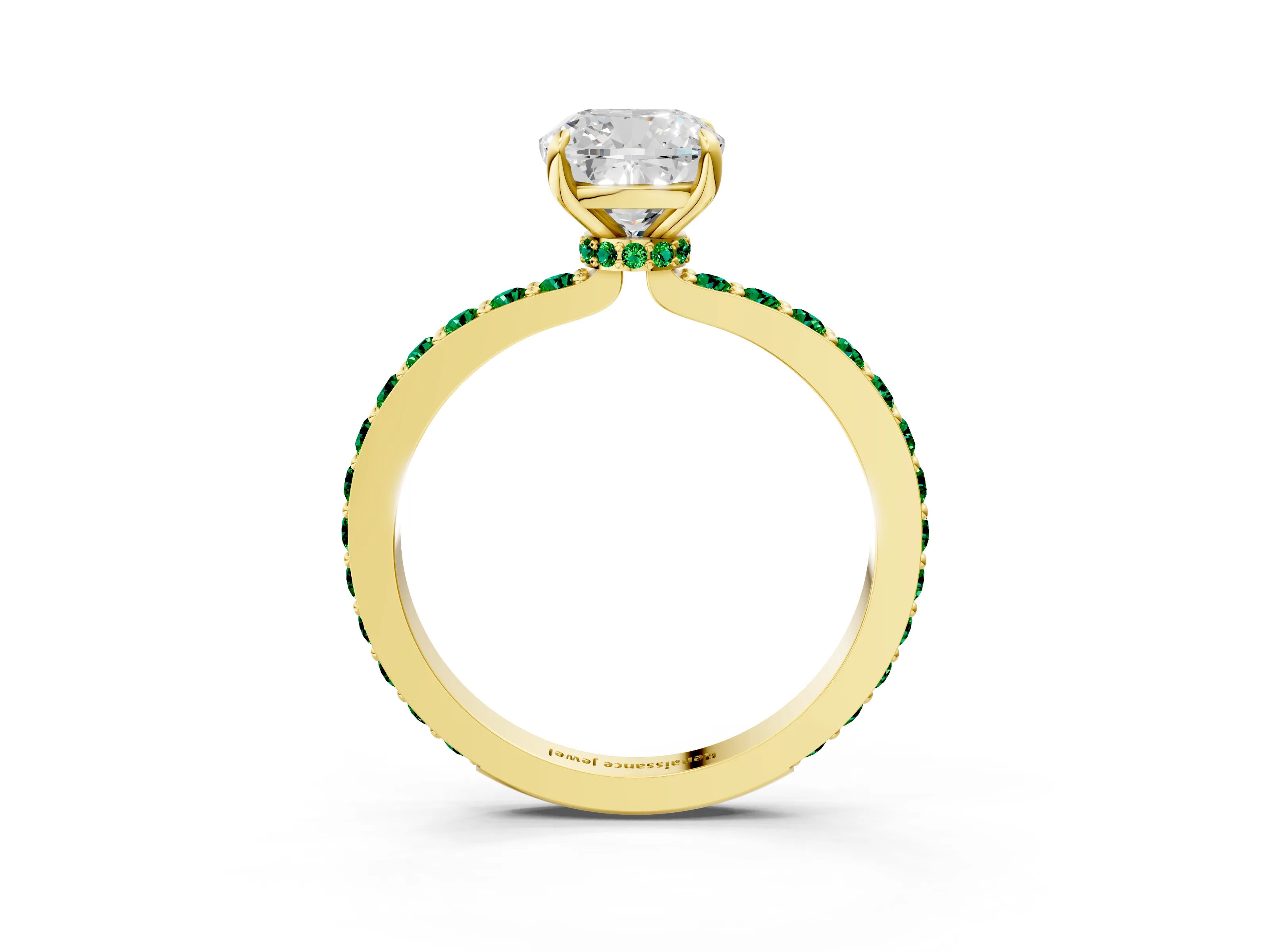 Yellow gold Cushion Cut Diamond Pavé Engagement Ring with Round with Emerald side stone Accents and Prong Setting_3