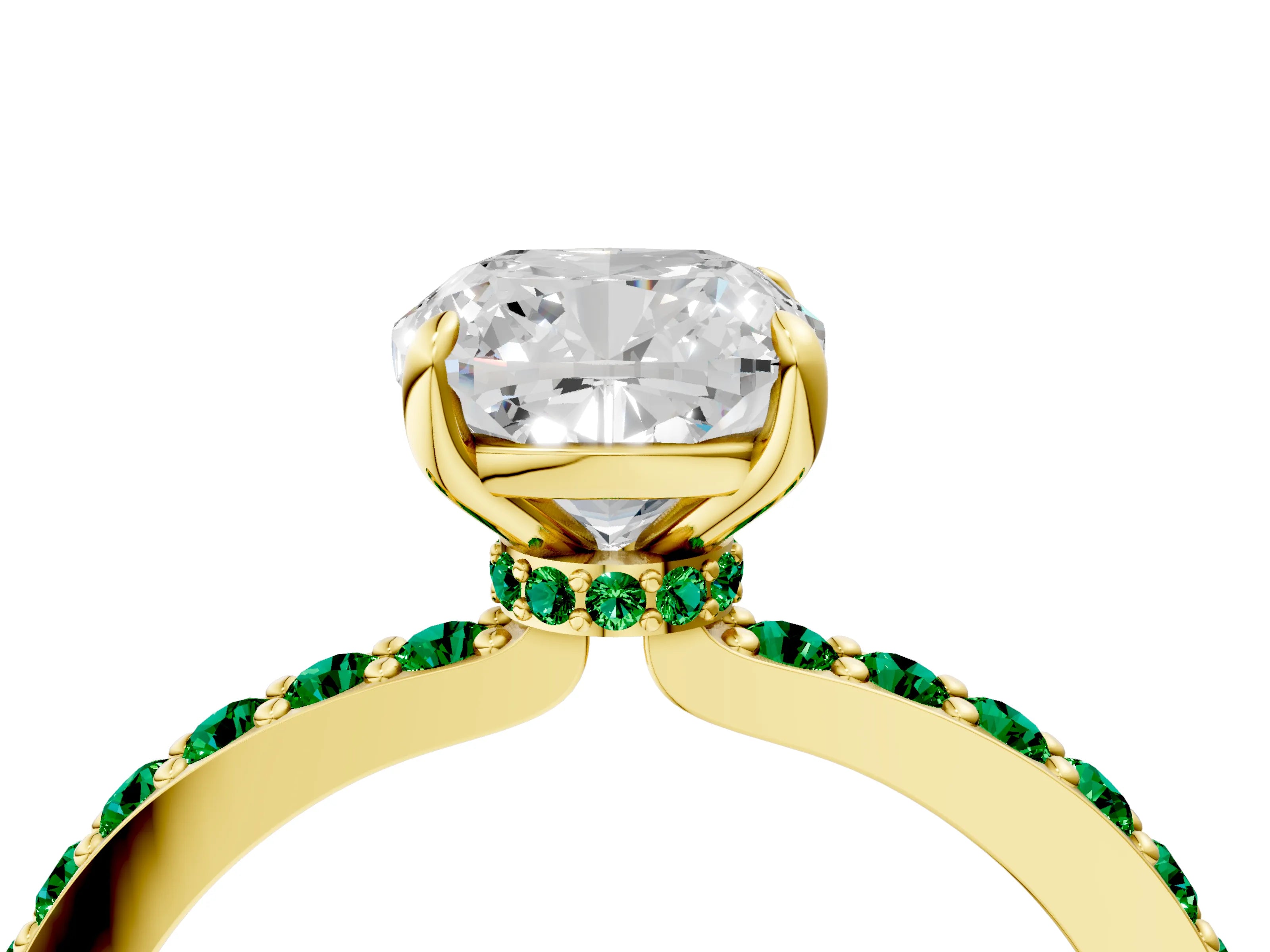 Yellow gold Cushion Cut Diamond Pavé Engagement Ring with Round with Emerald side stone Accents and Prong Setting_4