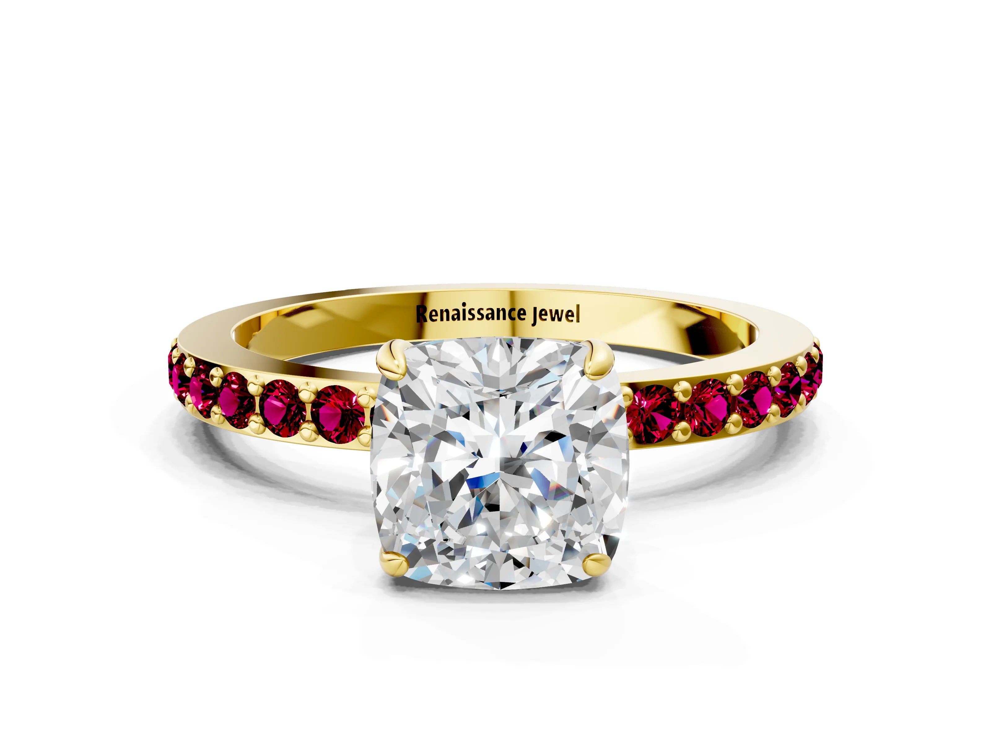 Yellow gold Cushion Cut Diamond Pavé Engagement Ring with Round with Garnet side stone Accents and Prong Setting