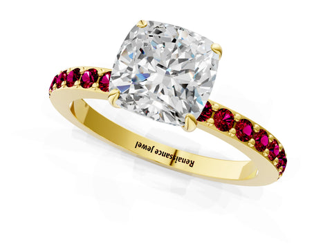 Yellow gold Cushion Cut Diamond Pavé Engagement Ring with Round with Garnet side stone Accents and Prong Setting_1
