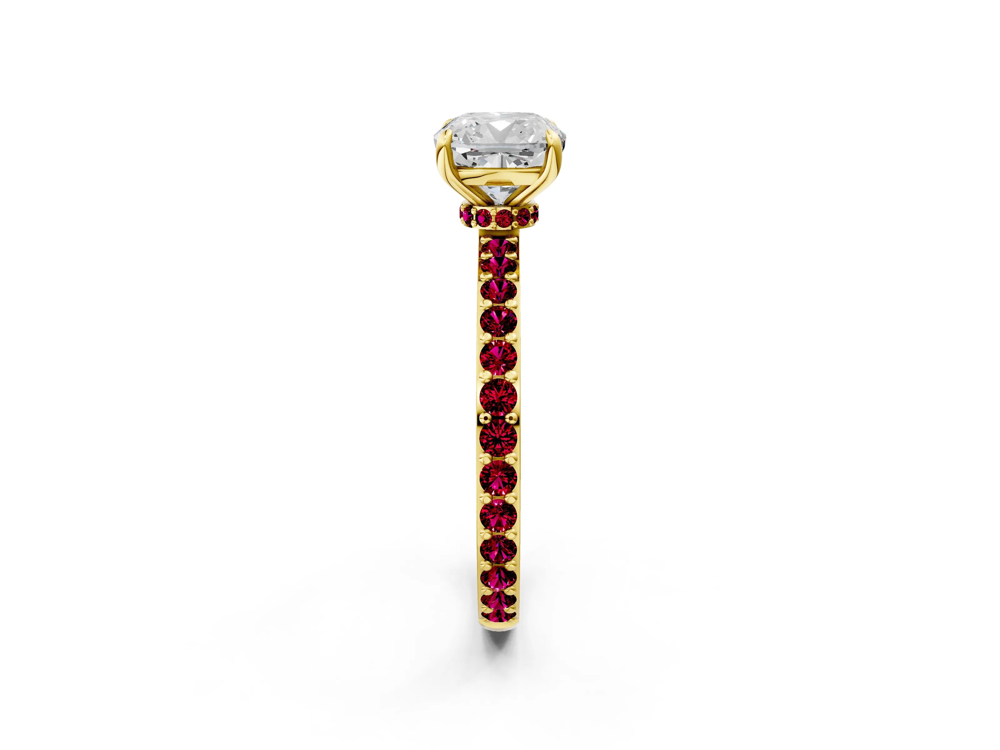 Yellow gold Cushion Cut Diamond Pavé Engagement Ring with Round with Garnet side stone Accents and Prong Setting_2