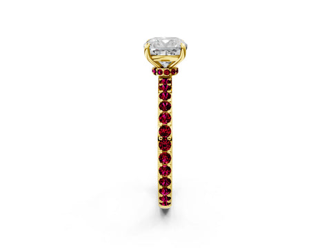 Yellow gold Cushion Cut Diamond Pavé Engagement Ring with Round with Garnet side stone Accents and Prong Setting_2