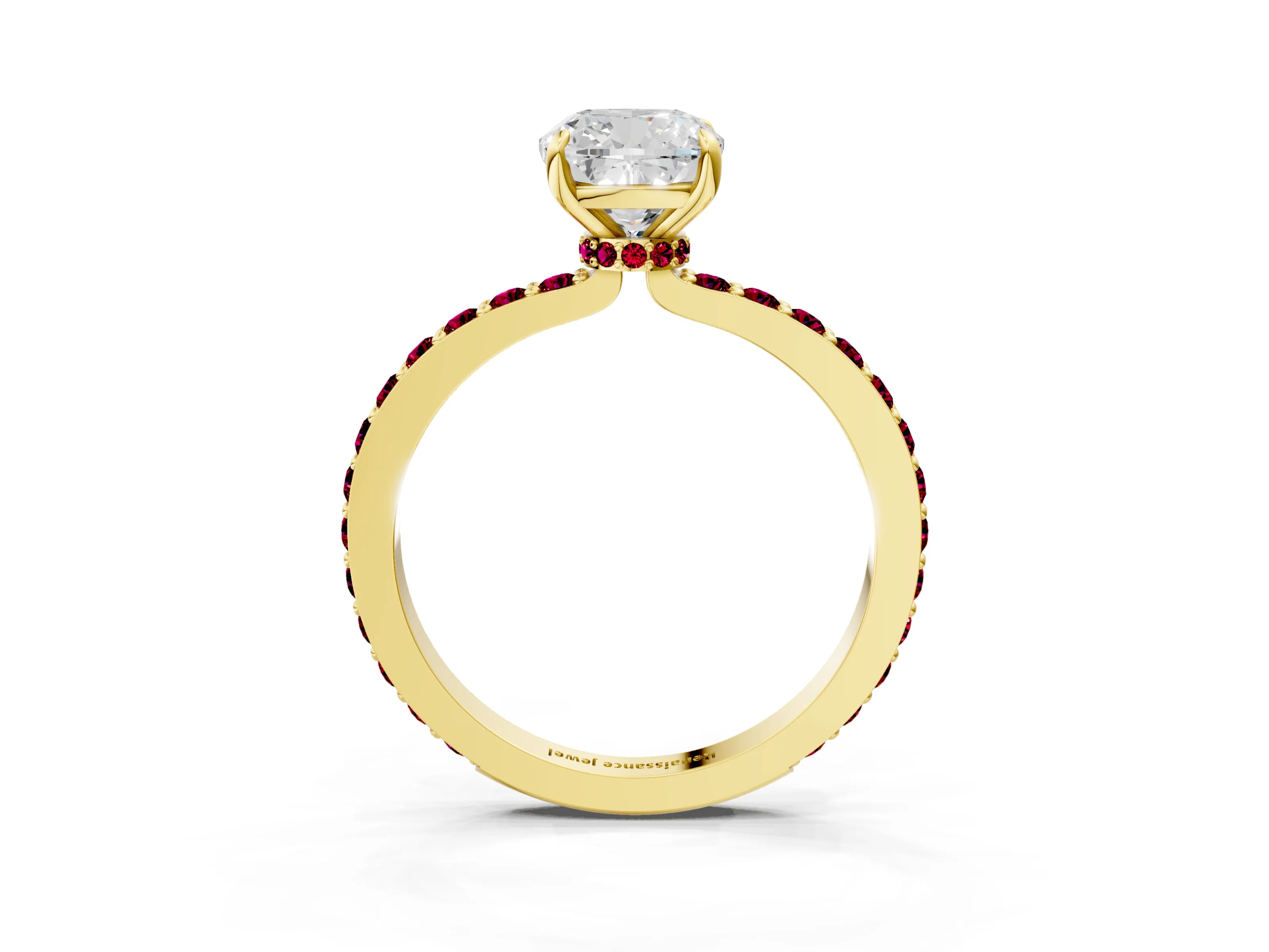 Yellow gold Cushion Cut Diamond Pavé Engagement Ring with Round with Garnet side stone Accents and Prong Setting_3