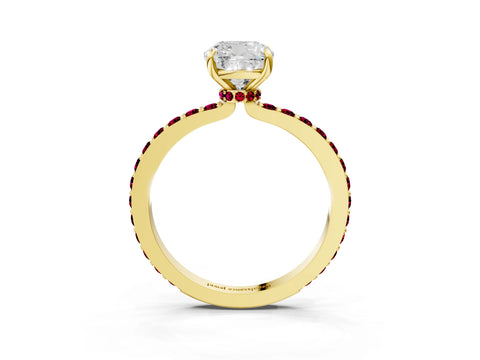 Yellow gold Cushion Cut Diamond Pavé Engagement Ring with Round with Garnet side stone Accents and Prong Setting_3