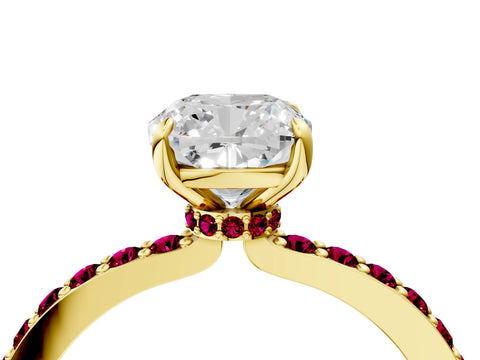 Yellow gold Cushion Cut Diamond Pavé Engagement Ring with Round with Garnet side stone Accents and Prong Setting_4