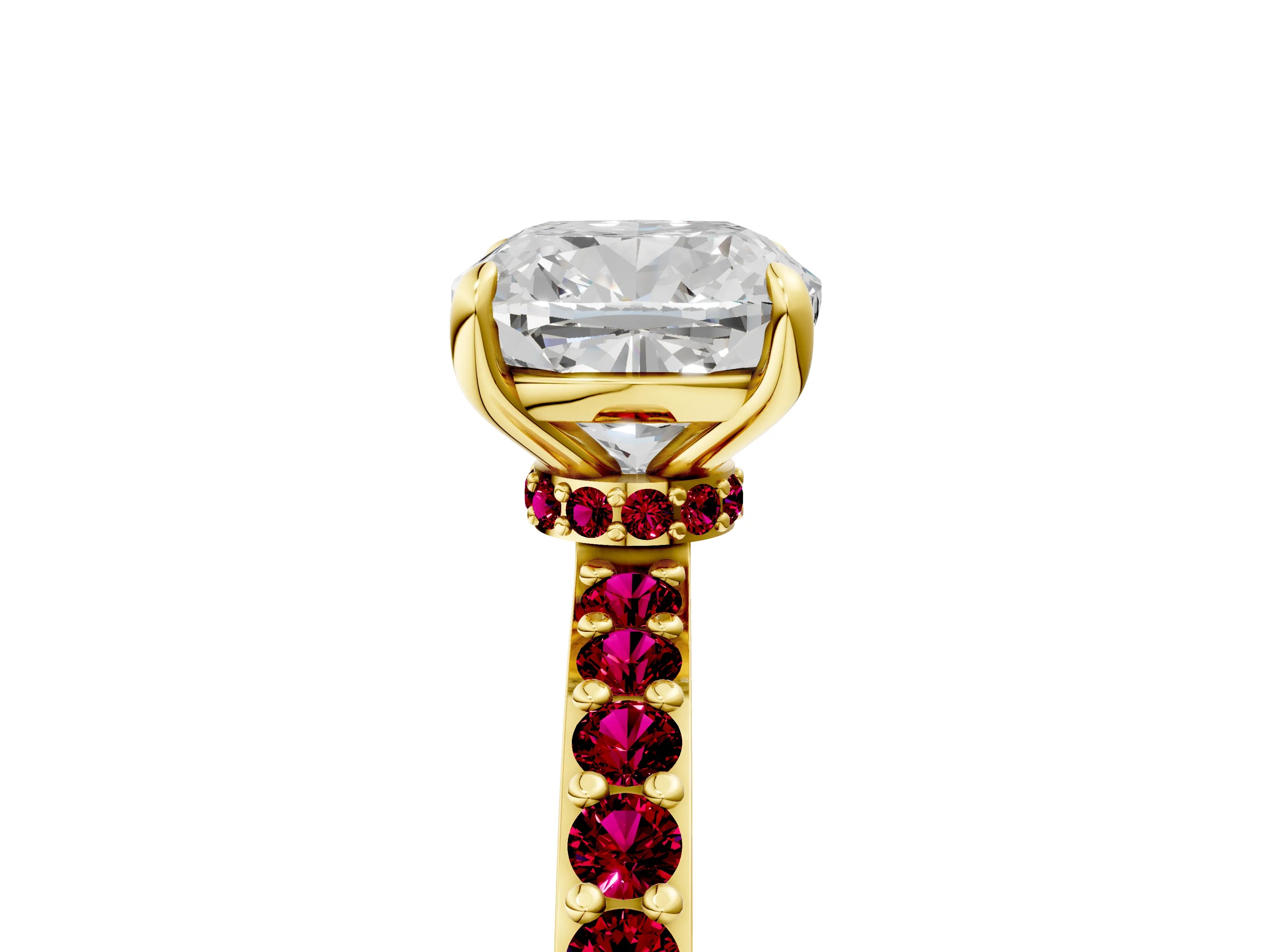 Yellow gold Cushion Cut Diamond Pavé Engagement Ring with Round with Garnet side stone Accents and Prong Setting_5