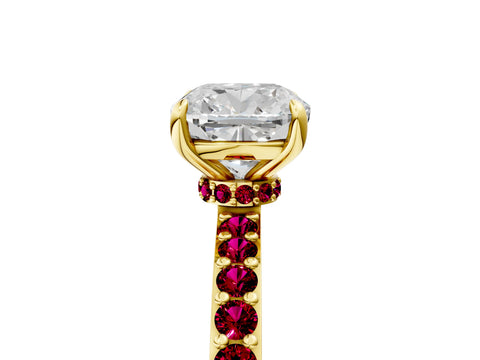 Yellow gold Cushion Cut Diamond Pavé Engagement Ring with Round with Garnet side stone Accents and Prong Setting_5