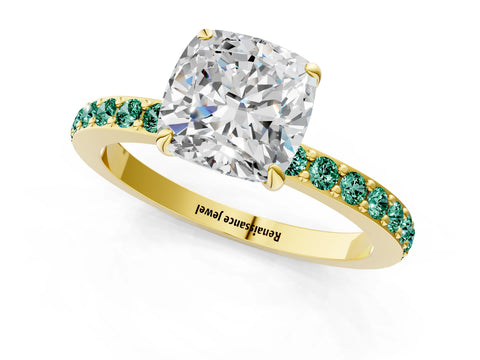 Yellow gold Cushion Cut Diamond Pavé Engagement Ring with Round with Green Sapphire side stone Accents and Prong Setting_1