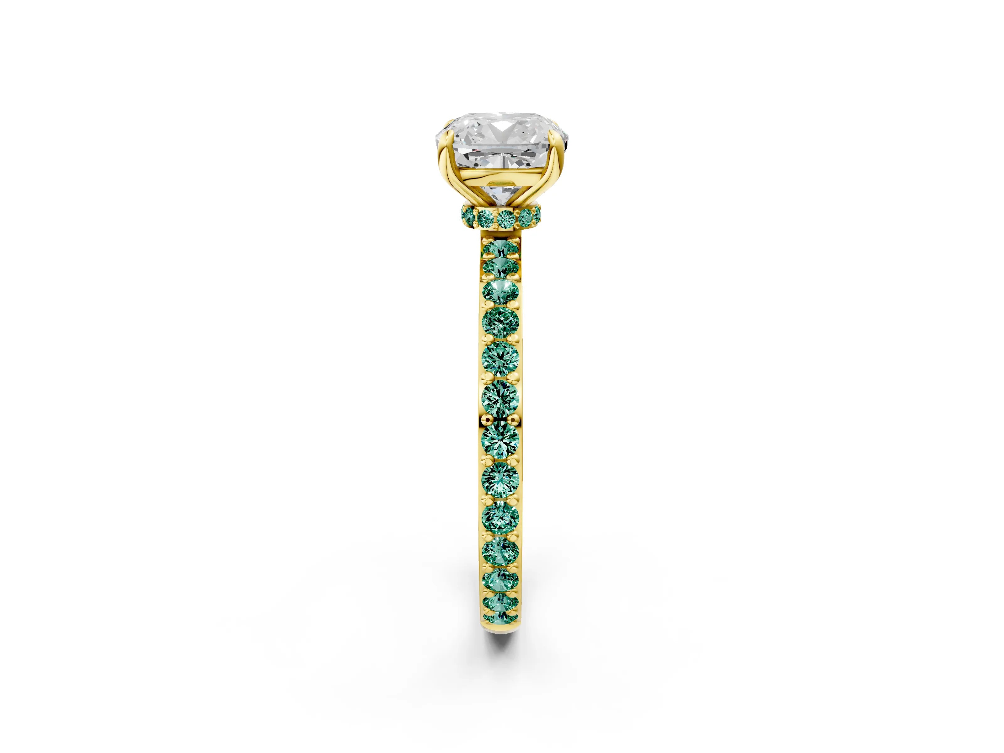 Yellow gold Cushion Cut Diamond Pavé Engagement Ring with Round with Green Sapphire side stone Accents and Prong Setting_2