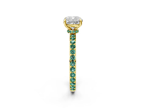 Yellow gold Cushion Cut Diamond Pavé Engagement Ring with Round with Green Sapphire side stone Accents and Prong Setting_2